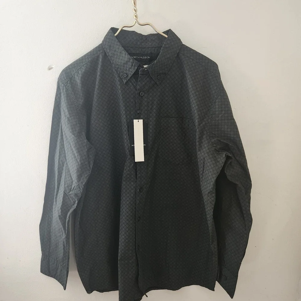 North Hudson Mens Olive Geometric Print Untucked Shirt Long Sleeve Cotton